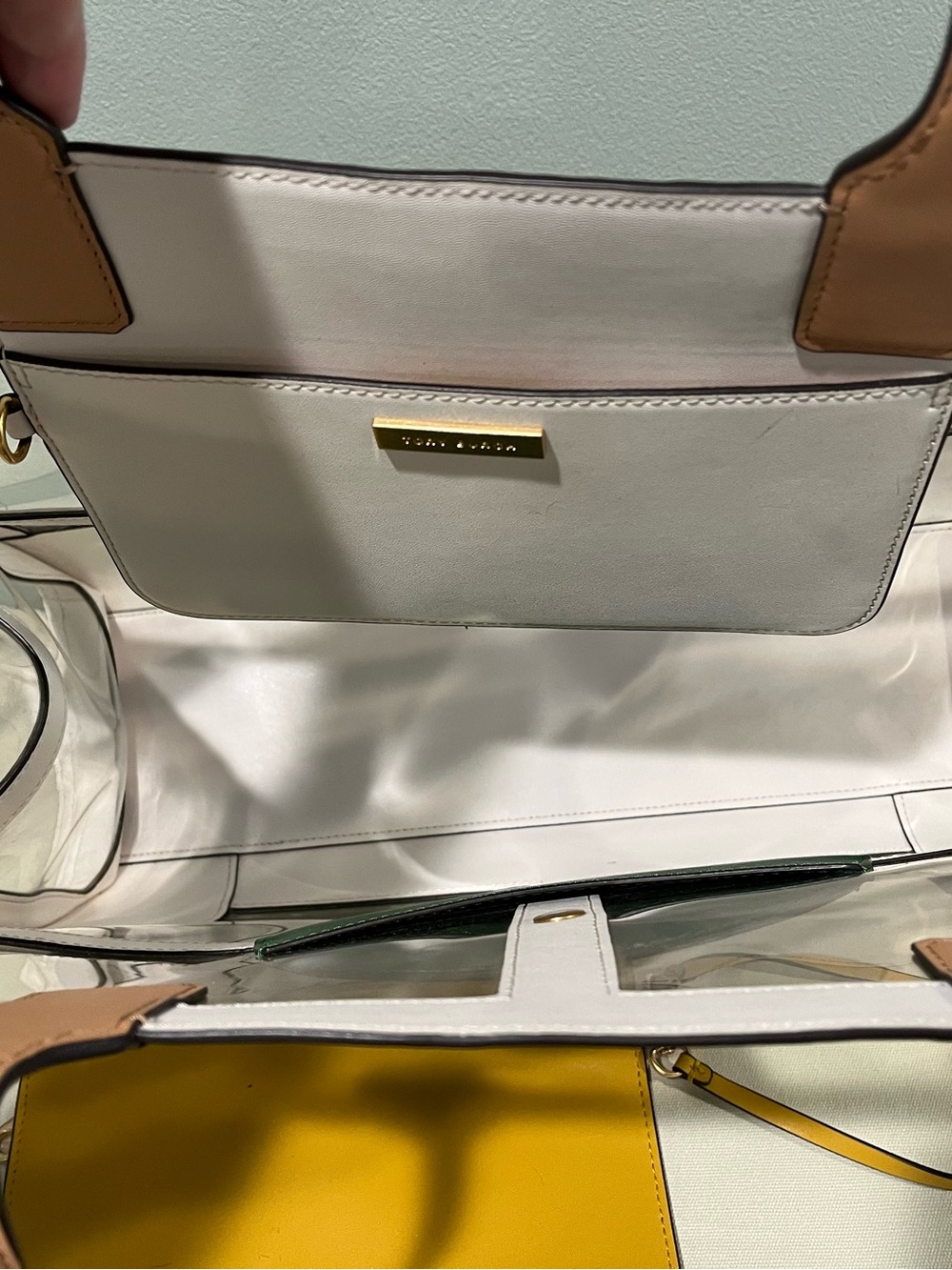 Tory Burch White Clear Tote with Green Logo, Blue Handles and Yellow Pouch - Picture 2 of 5